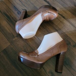 Marc Fisher Keeps Brown Leather Penny Loafer Platform Heels